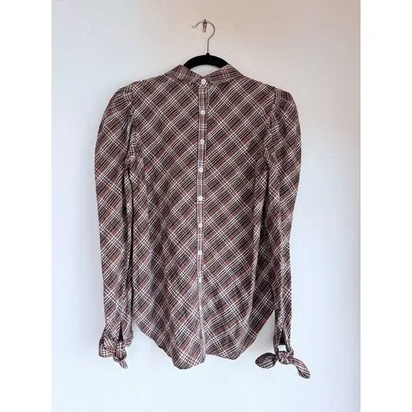 NWOT Veronica Beard Isabel Plaid Button Back Tie Cuff Blouse in Brown Size 2 - Picture 8 of 14